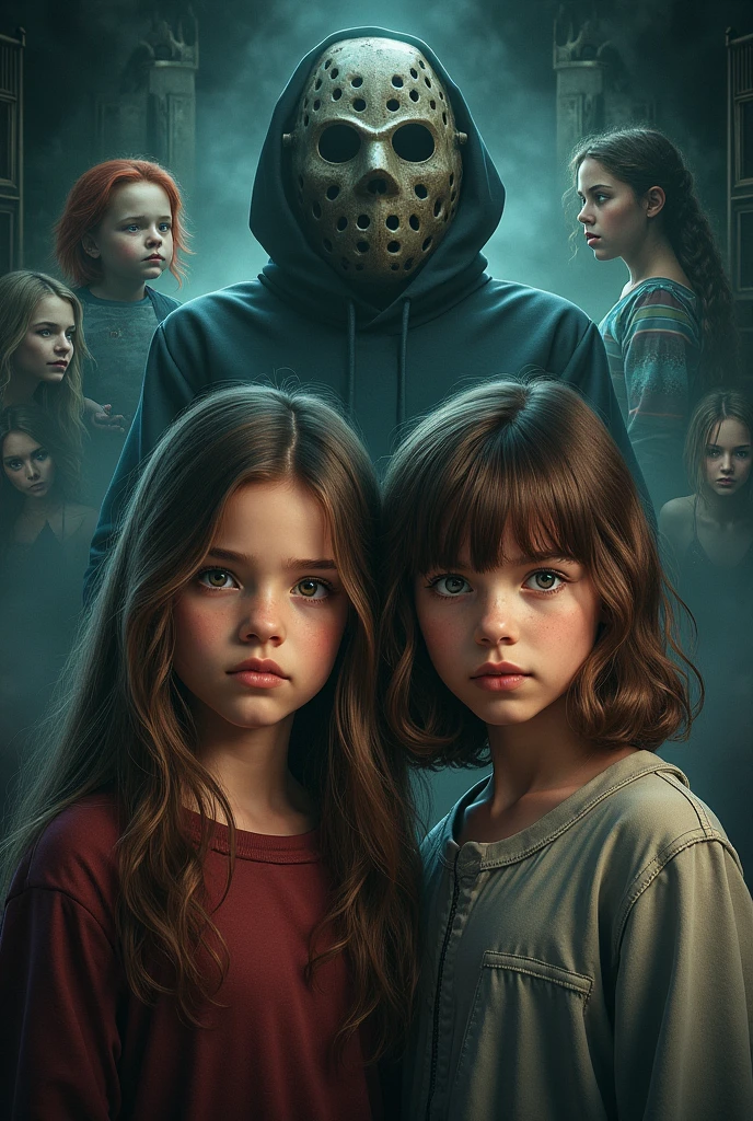 A poster for a series called " The Little World" with two girls, one of them with long brown hair and brown eyes and the other with medium wavy hair with light brown bangs and blue eyes, girls clothing style is 2018. In the background are horror characters like Bloody Mary, o Chucky, o Jason, An invisible man, And scary things. Realistic poster.