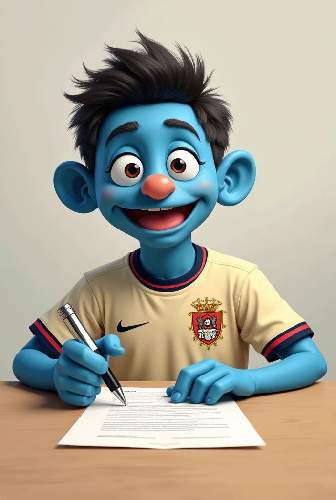 pancho contreras, Sesame Street character painted in light blue, with a cream-colored soccer jersey that has the shield of the Peruvian club UNIVERSITARIO DE DEPORTES signing a contract