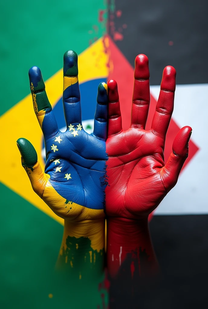 half brazilian flag half palestine flag. in them, children&#39;s hands made with paint.