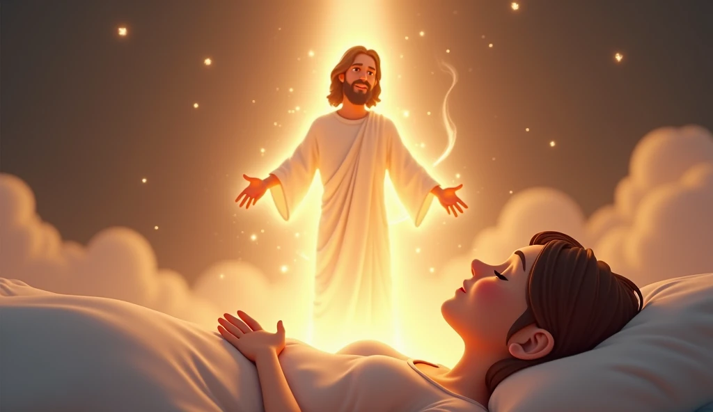 Generate in cinematic 3d cartoon style A dream-like scene with Jesus in white robes, surrounded by a soft, glowing light, appearing in the mother’s dream.