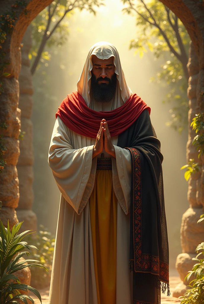 wearing: white woolen cloak, red striped shawls of Qatari origin wrapped around his shoulders, headgear of fine cloth, wearing a yellow loincloth, covering his shoulders with a flowery black shawl, face not seen bacause of sunlight,praying