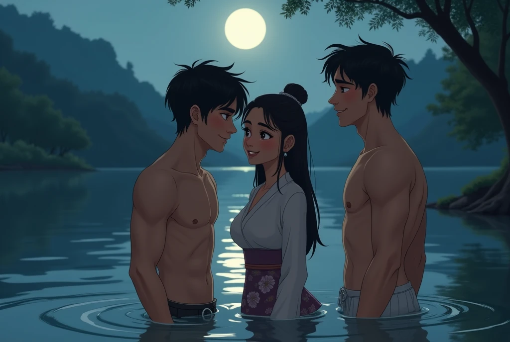 Two handsome young men half naked in the water in the lake at night. On the embankment, a girl in traditional dress is smiling at them.