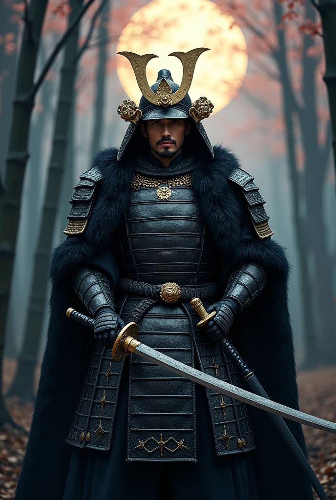 A samurai warrior man from ancient China, with black iron armor and golden dragon ornaments, alone, by the wide, looking at the viewer, black fur, masterpiece, necessary, anatomically correct, The best quality, High resolution, detail, HD, Very detailed, perspective, Hasselblad, NIKON, in a cherry blossom forest, at night, brandishing a samurai sword that shines at the end due to the moonlight. There is also bambooHyperrealism, hyperdetailed, 