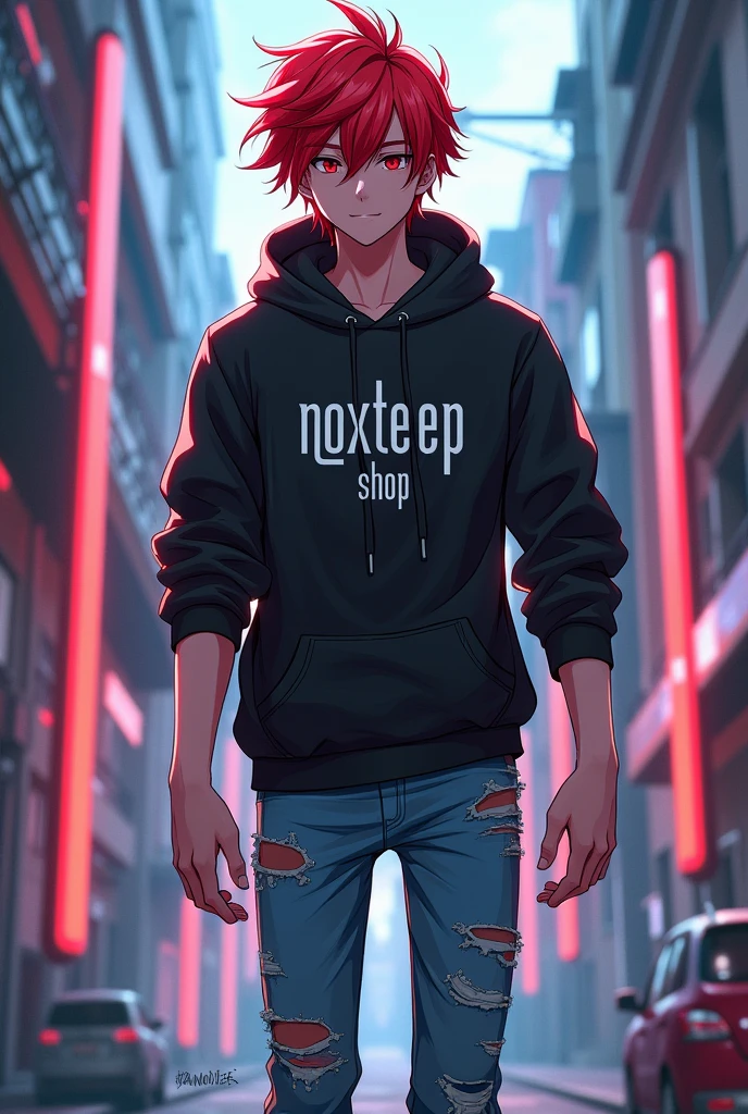 I will make a cover image to sell a code or game ID with a red-haired male anime character wearing a black hoodie, jeans, and sandals. It must have the words NOXTEEP SHOP. 