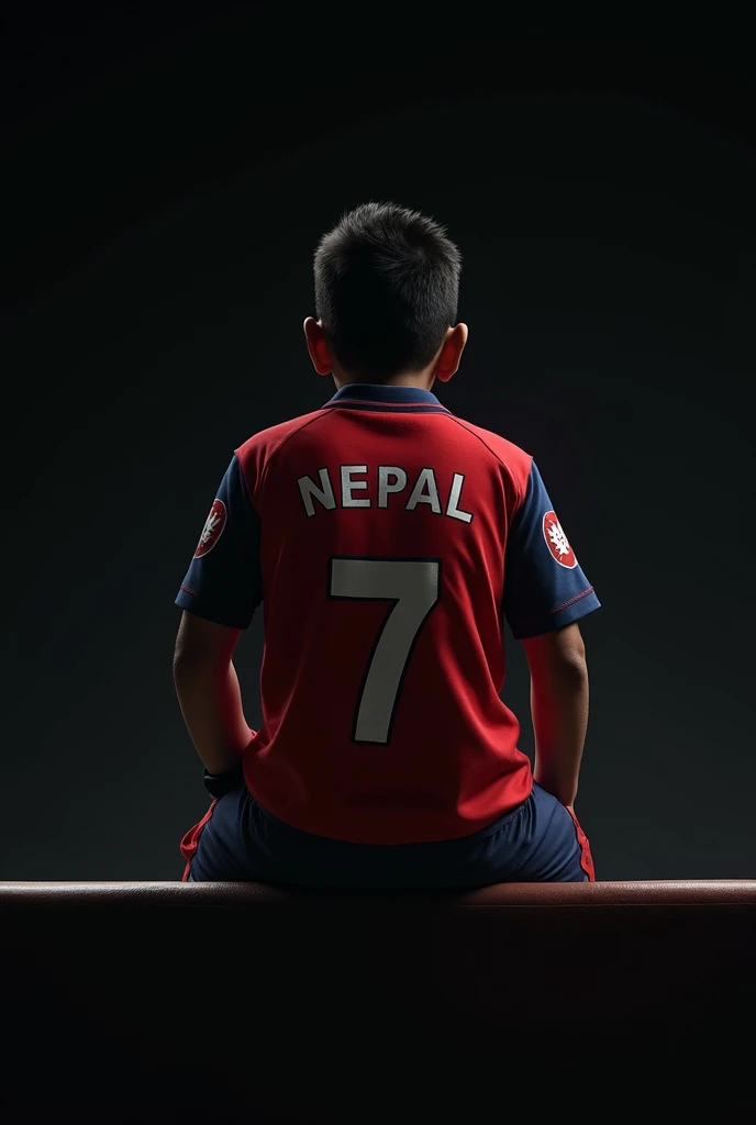 17 years of boy sitting in the bench and watching dhoni .don't show face of person.he is wearing Tshirt of Nepal cricket team.make boy fitness good.jersey no 7.write just Nepal in the back side of jersey .make person real and make it all in black
