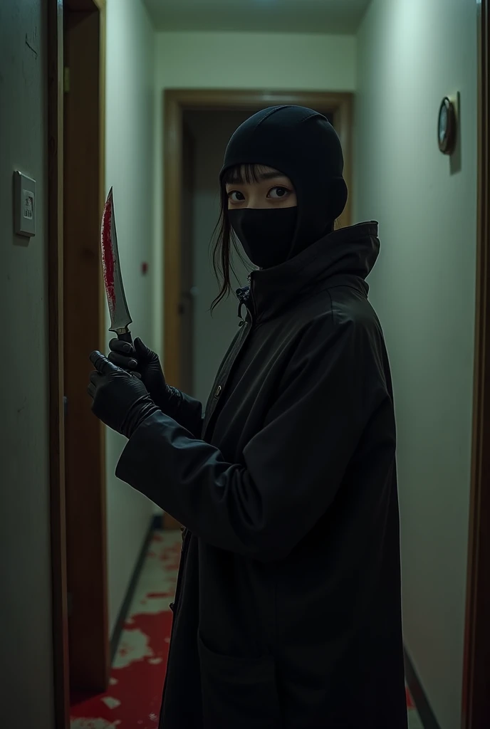 korean girl, (holding knife, black balaclava mask), stabbing, black leather gloves, entrance of the house, black raincoat, girl only, bloody knife, leather gloves, looking at viewer, blood splatter, night, mass murderer, killer, blood splatter, bloody room
