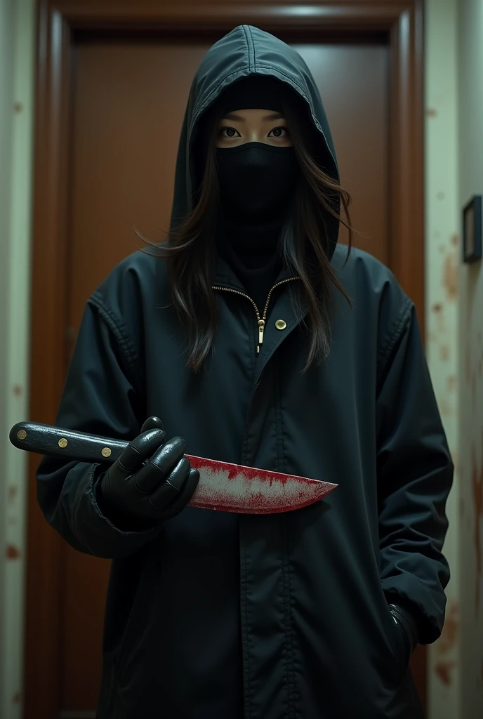 korean girl, (holding knife, black balaclava mask), stabbing, black leather gloves, entrance of the house, black raincoat, girl only, bloody knife, leather gloves, looking at viewer, blood splatter, night, mass murderer, killer, blood splatter, bloody room
