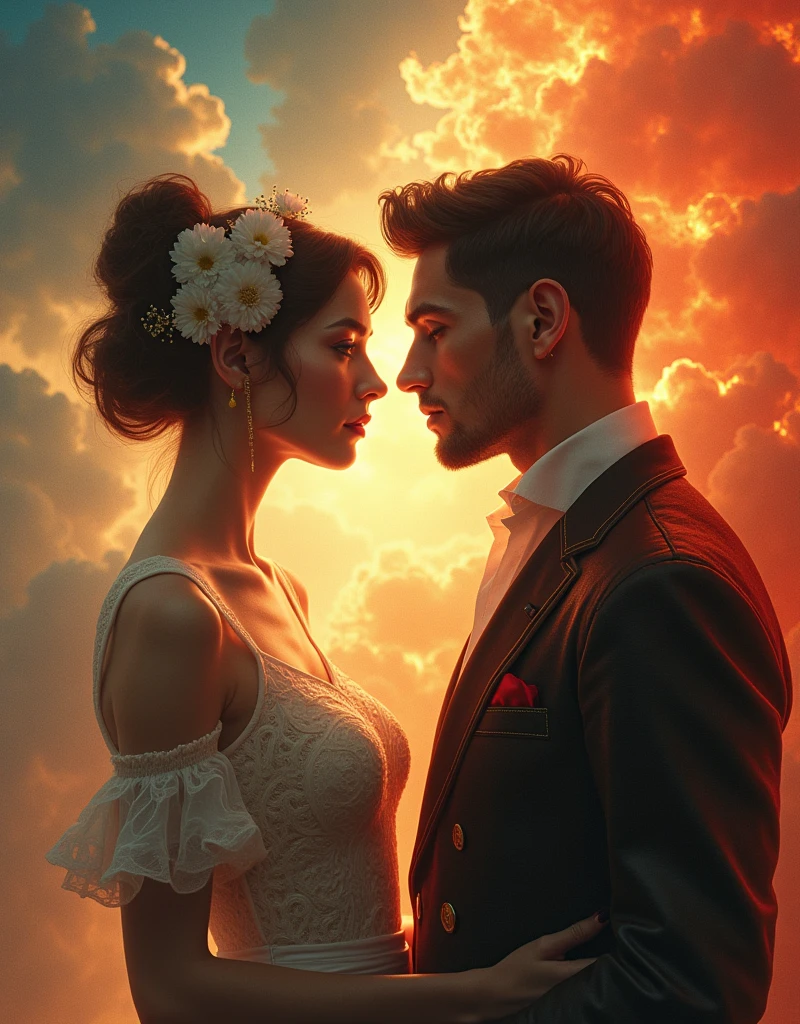 Retro Fashion、Unique hairstyle、Fine skin detail、Heaven and Hell、The most beautiful woman in the world and the most handsome man in the world