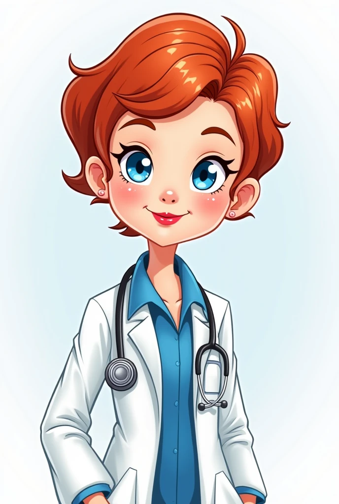 1 redhead woman, fair skin and blue eyes, shorth hair, dressed as a doctor cartoon style
