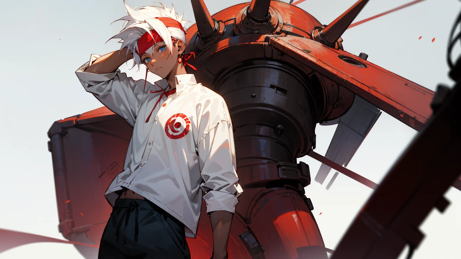 1male , Dark Skin , White Hair , Pale Blue Eyed , Modern Undercut Hair , Messy Hair , Red Headband , Black Two tone Yukata , Red Circular Markings on clothing , Baggy Pants , Calm Expression,White Industrial Room Background , Hands Behind Head , Muscular, Young Male