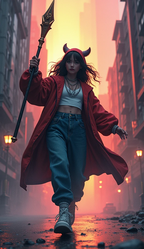 anime, cartoon, animation, 1990s fantasy , 1 dynamic wizard female, 90s streetstyle hiphop fashion, baggy thick edgy loose clothing, with staff, Melbourne shuffle shuffling footwork , expressive pose, urban fantasy castle ground environment, cinematic lighting,, extremely detailed, photorealistic, 8k, film grain, dynamic composition, high quality, masterpiece