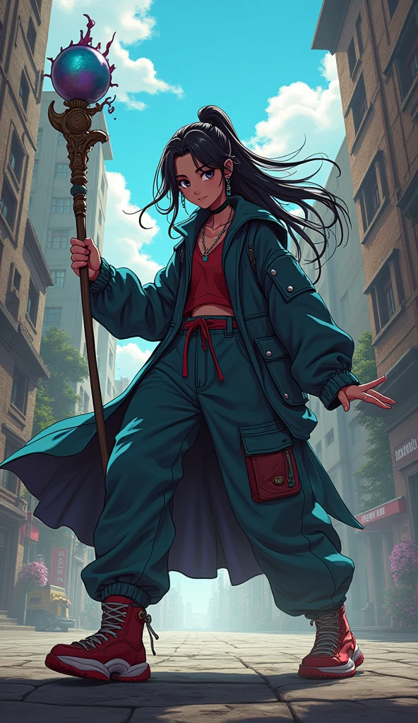 anime, cartoon, animation, 1990s fantasy , 1 dynamic wizard female, 90s streetstyle hiphop fashion, baggy thick edgy loose clothing, with staff, Melbourne shuffle shuffling footwork , expressive pose, urban fantasy castle ground environment, cinematic lighting,, extremely detailed, photorealistic, 8k, film grain, dynamic composition, high quality, masterpiece