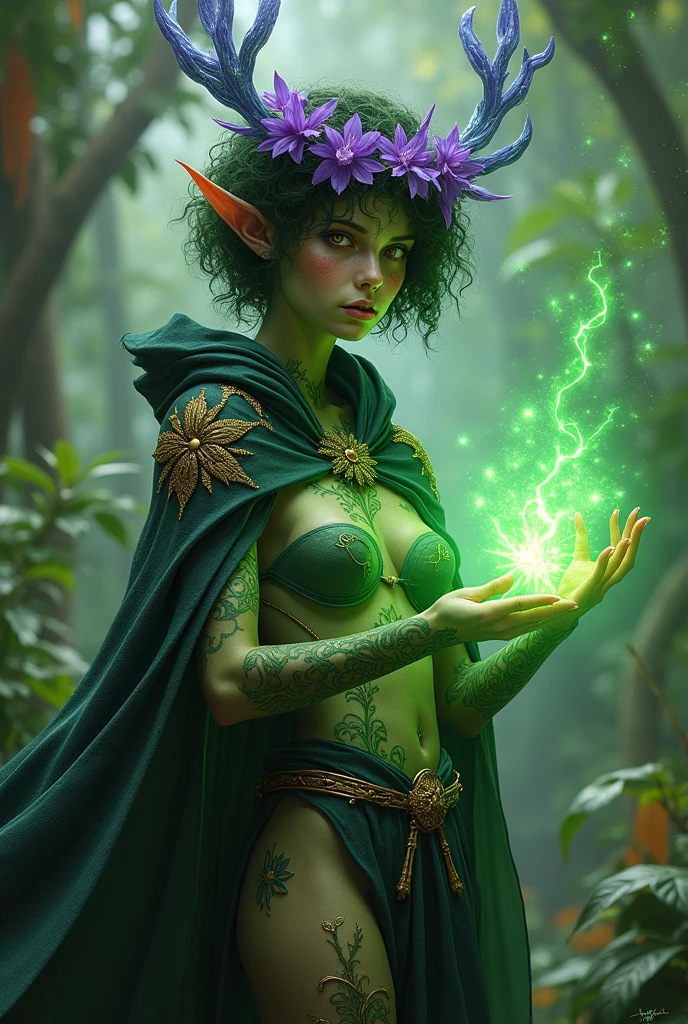 Jungle like environment. A young Plant woman with a deep green skin tone & a set of B-cup breast. She has short leaf green curly hair stopping at the top of her neck & is wearing a short revealing yet modest mythical flowing Black & Purple cloak with Golden Floral designs & an otherworldly Purple flower wreath on her head. She has Serious gaze in her Starlike Golden eyes & a heavy freckled form. She has long transparent crystal blue antlers radiating Floral energy & a set of quaint elven ears. She has long golden vine like tattoos, glowing with Celestial red energy running all around her body. She has a small cute nose She is seen in a battle stance summoning verdant green Starlight magic from her fingertips