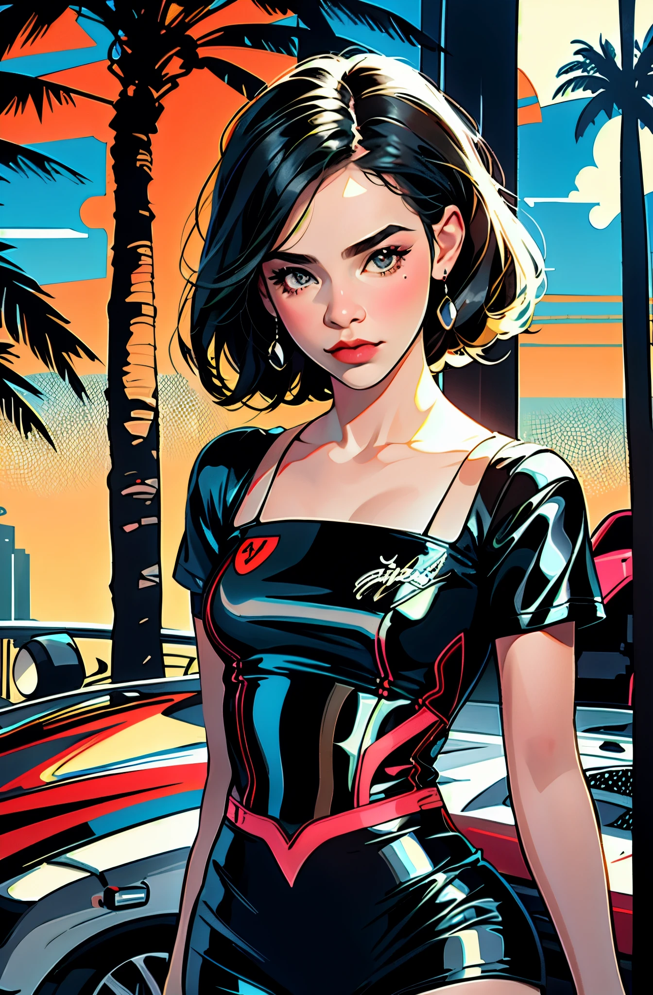 retro girl, Miami, sunset, Ferrari, palm tree, 90's, (flat colors, flat texture, lineart:1.2), graphical design, (heavy ink, ink blacks),