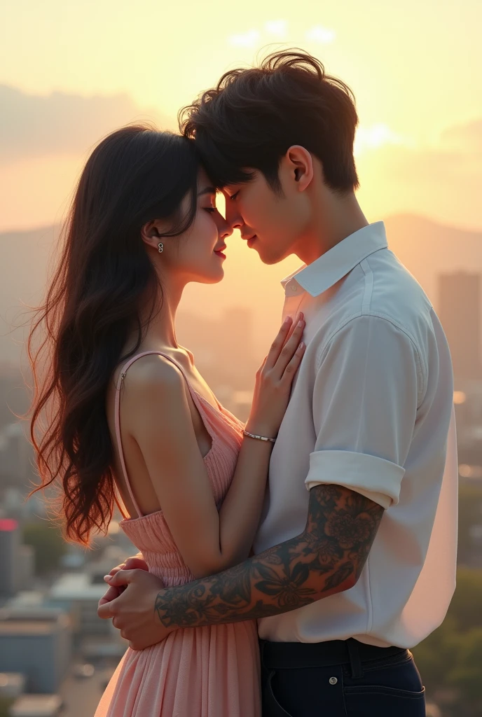 Create a romantic book cover with the title Melodia do Destino in Portuguese in Seoul and in the center a 1 year old woman,58cm her hair is long and wavy down to her hips, americana. She is wearing a delicate dress and a Korean man,79cm with his left arm covered in tattoos he is wearing a white button-down shirt rolled up to the elbow