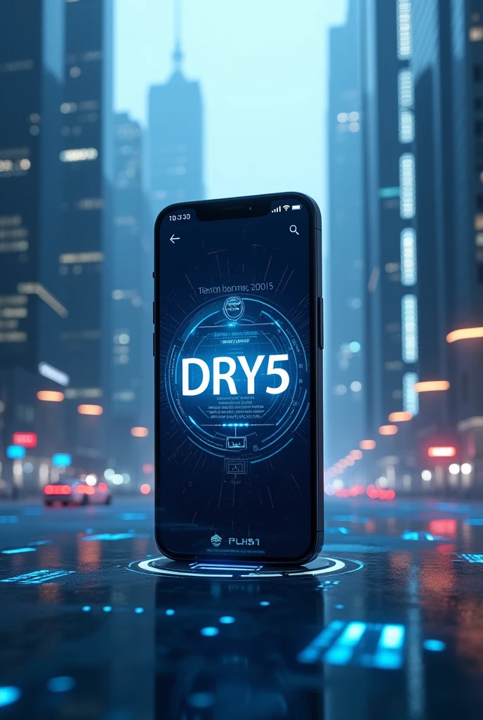 An iPhone with a Telegram channel called DRY5 and skyscrapers in the background ,Name DRY5 capitalized and in capital letters 