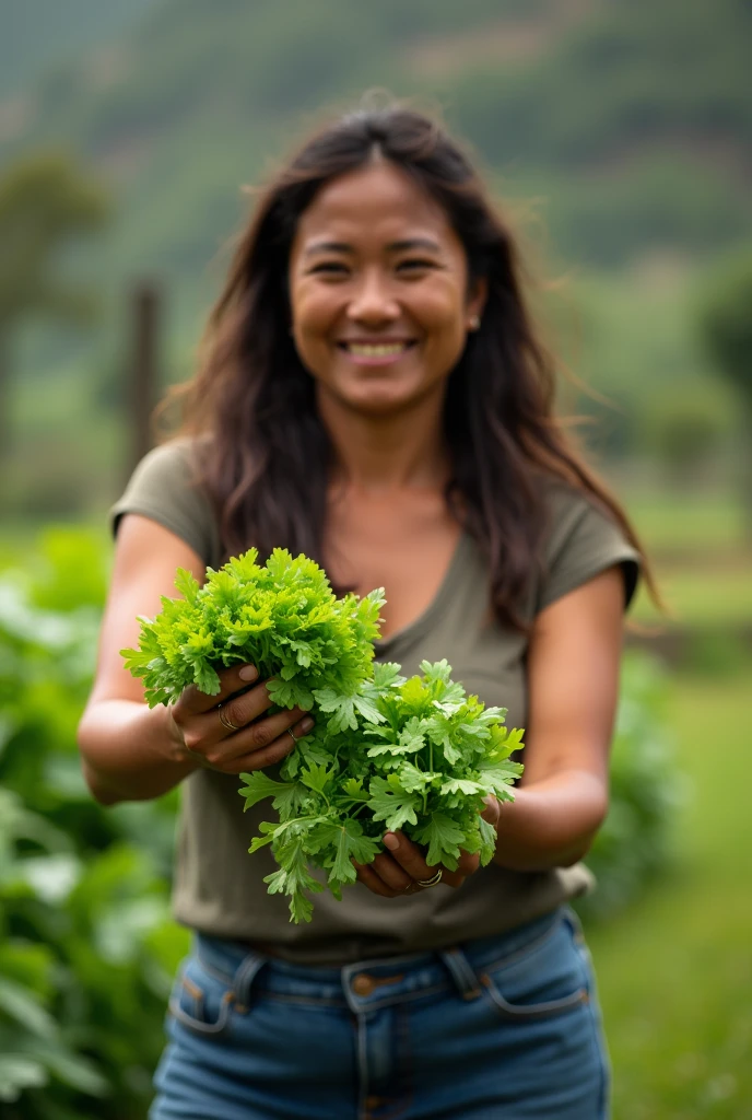 women, perspective, receiving lettuce, coriander, often, fonfo rural, without looking at the face, age 35 years, average stature, walking, controlled lighting, peru