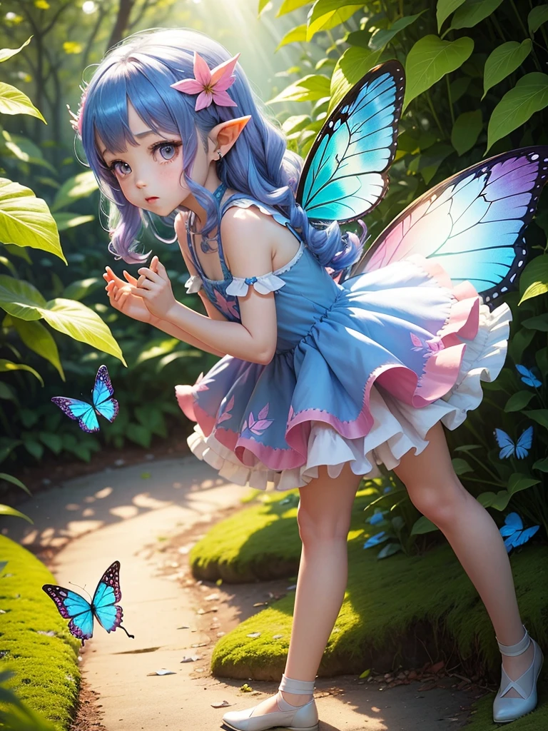 cute little Fairy, blue butterfly, Rainbow hair, pink eyes, dress pointy ears dress made of petals leaves leaning forward、Leaves Sunshine Light