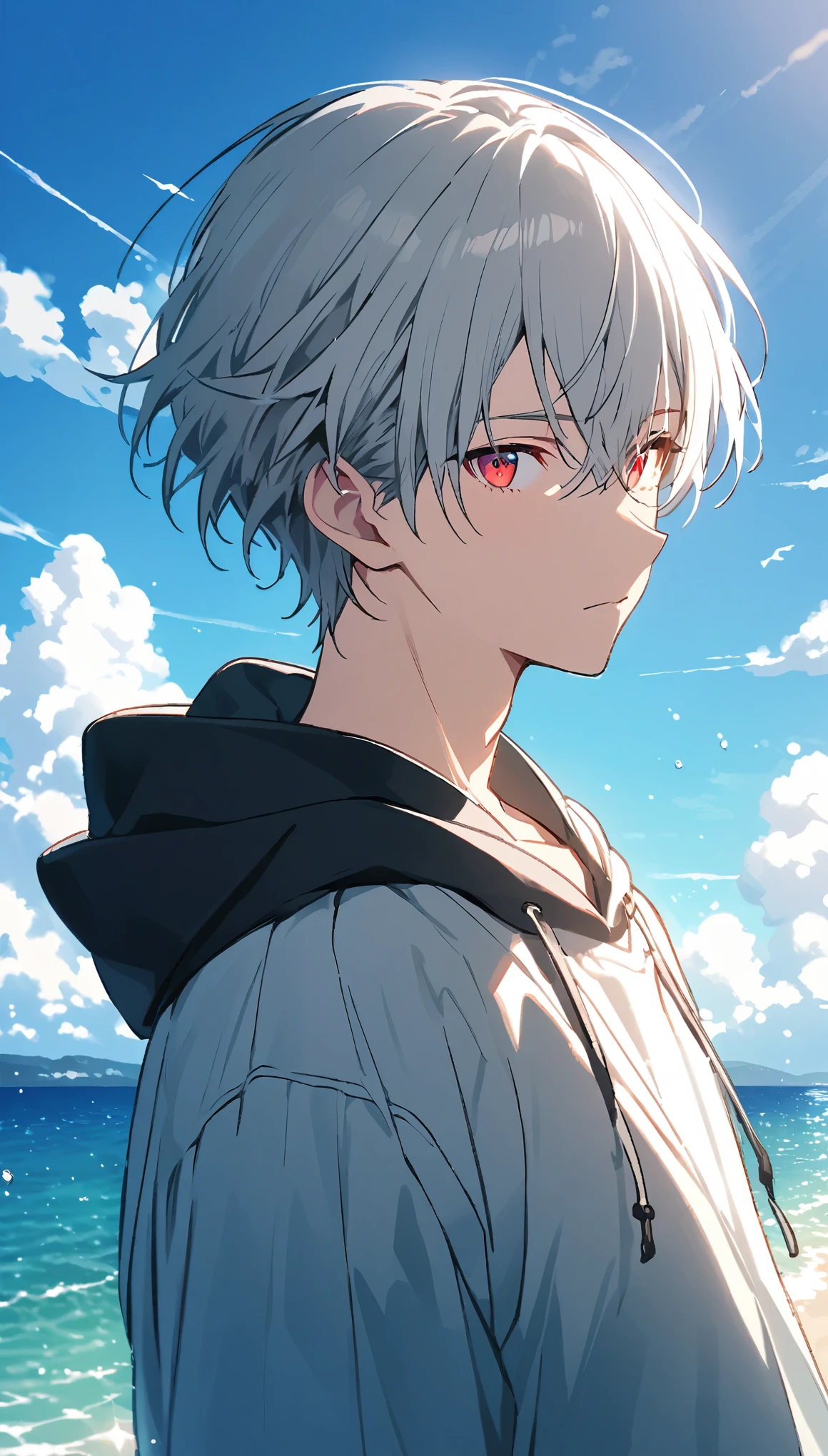 good looking, alone, 1 male, Gray Hair, Red eyes, shirt, Black and white hooded, noon, White Light,cute目,Short hairstyle,cute,Falling from the sky,綺麗なsummerの空,Lots of white clouds,summer,Ocean,Glittering scenery,bright,Blue sky,looking at the camera