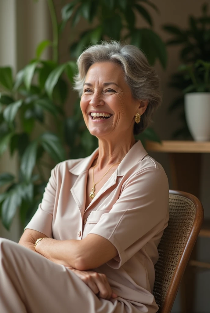 a 50 year old woman, with elegant clothes, glad
