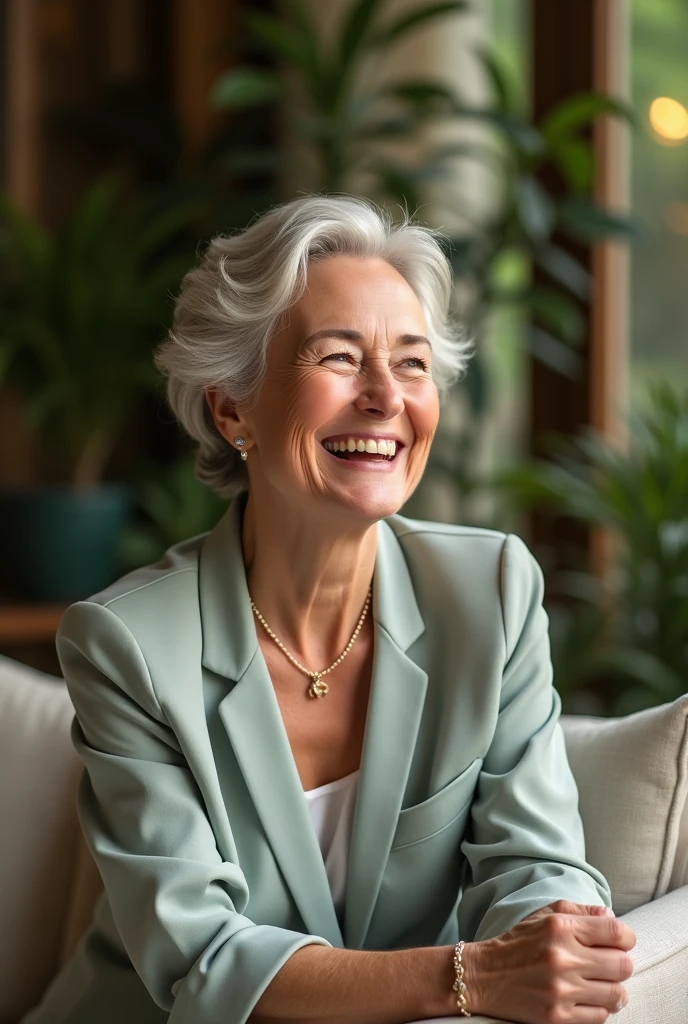 a 50 year old woman, with elegant clothes, glad