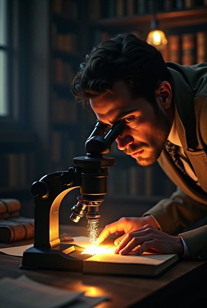 Detective searching for devil's foot with a microscope