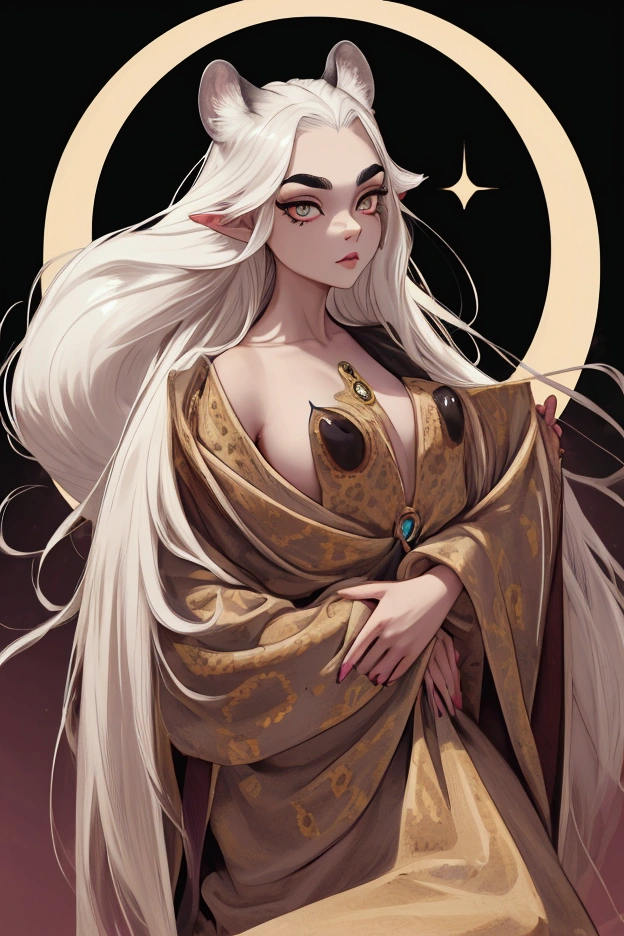 person with Earth type face, Lotus eye, medium mouth size, fine silky straight long hair, forehead with downward pointed hair line, normal, High eyebrows, eyebrows with tails pointed upwards, widely set eyebrows, eyebrows thick at start, very long thick eyelashes, perfectly spaced eyes, dark brown eyes, shiny eyes, big eyes, tip of ears higher than eyebrows, upper portion of ears is pressed inside horizontally, large ears, round and big ear tips, ears with big holes, long earlobes, naked , fully naked, full body , albino, Leopard skin,
