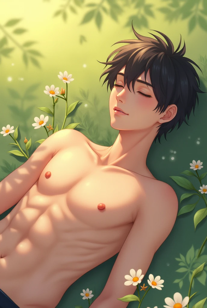 Anime boy lying down shirtless 
