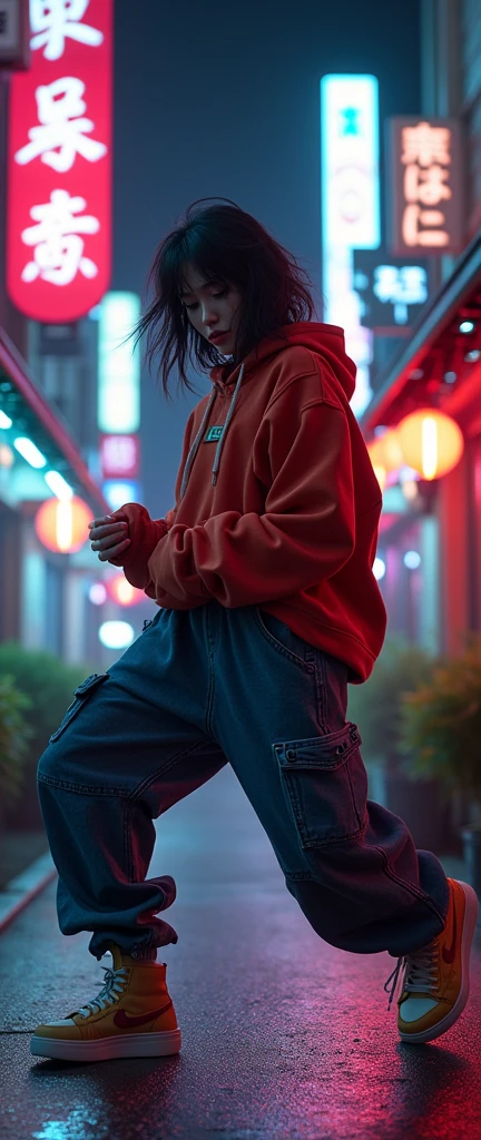 1990s , 1 dynamic female, 90s streetstyle hiphop fashion, baggy thick edgy  loose clothing, Melbourne shuffle  jumping shuffling  footwork ,  expressive pose, zen urban japanese  environment, neon lights, cinematic lighting,, extremely detailed, photorealistic, 8k, film grain, dynamic composition, high quality, masterpiece
