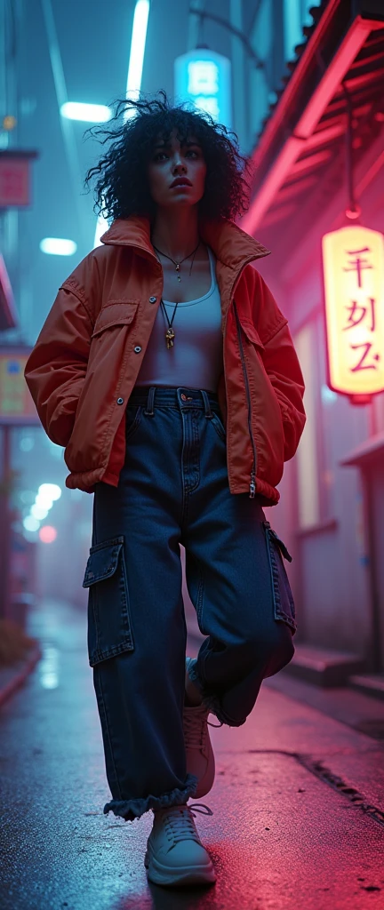 1990s , 1 dynamic female, 90s streetstyle hiphop fashion, baggy thick edgy loose clothing, Melbourne shuffle jumping shuffling footwork , expressive pose, zen urban japanese environment, neon lights, cinematic lighting,, extremely detailed, photorealistic, 8k, film grain, dynamic composition, high quality, masterpiece