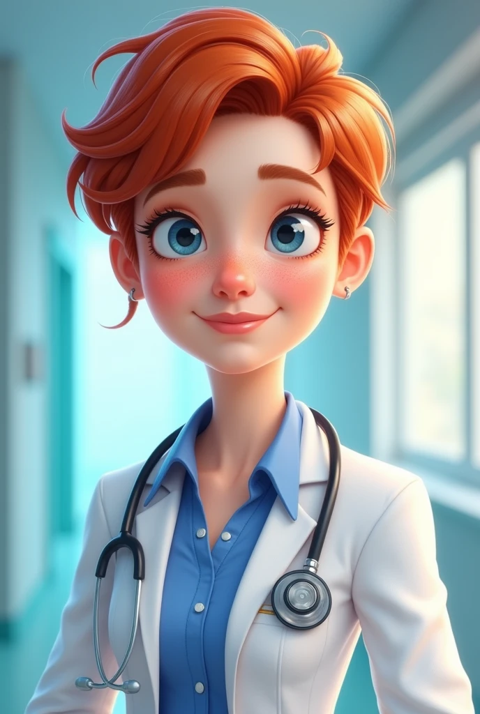 1 redhead woman, fair skin and blue eyes, shorth hair, dressed as a doctor in realistic cartoon style
