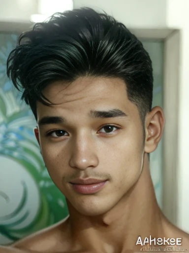 hyperrealistic digital brush painting art by (alphonse mucha:1.3), boy mix face between Iko uwais and jaden Smith as a majapahit prince, age 22, of A muscular white man, wearing harness, bodybuilder, sweaty body, white pale redish skin, clean shaven, black wide big areolas, big pointy puffy nipple, mythology, intricate detail, studio lighting, medium shot, shoulder angles, handsome, masculine, mix race between korean and Arab, closeup portrait, golden ratio face, small smile, mid back length hair, natural scene, landscape countryside, bokeh background, expert, 8k, studio portrait, soft light, rim lighting, photorealistic, cinematic lighting, masterpiece, high details, high quality, Huge nipples,