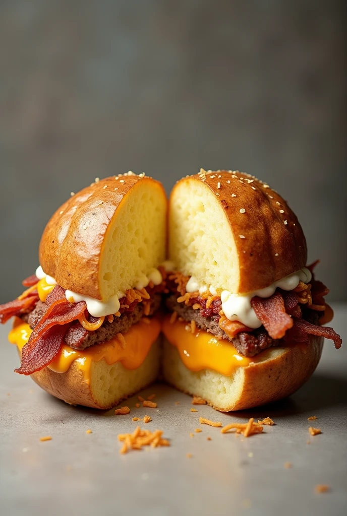 I created an image of a baked potato in the shape of a hamburger, It must be cut in half and the filling inside must have a lot of cheese., white sauce, bacon and the ribs must be shredded, and there is no hamburger inside the potato dough.