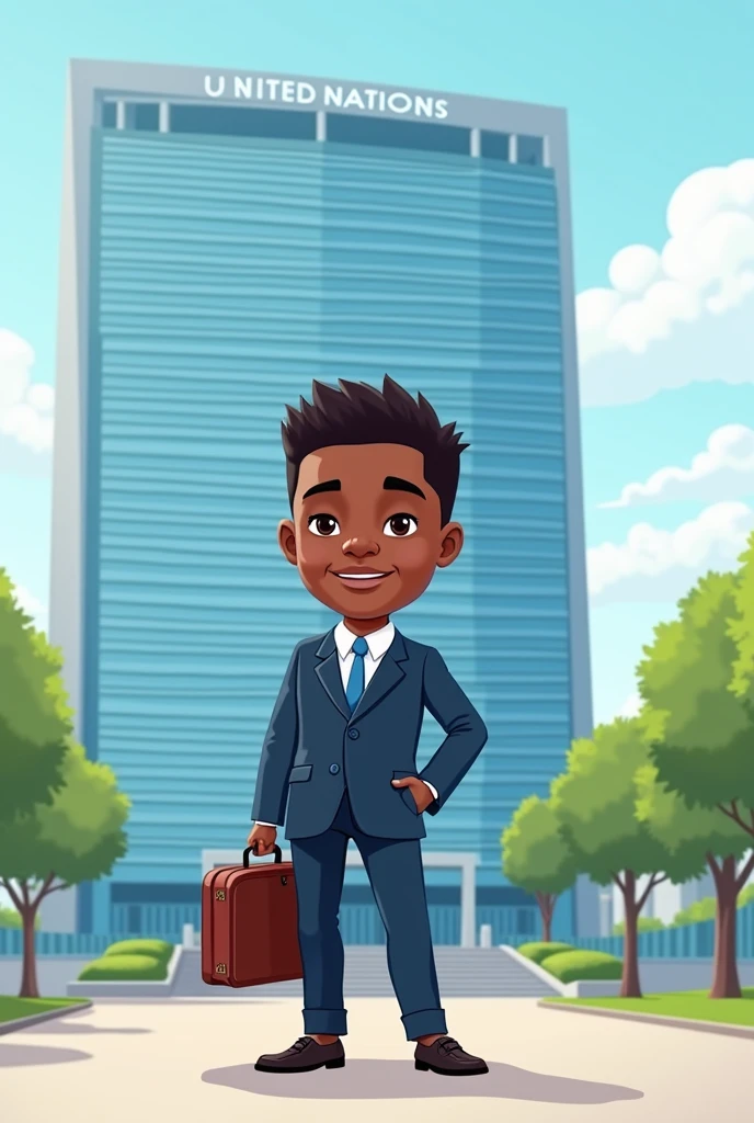 create a kawaii image of a lawyer with briefcase african man with short hair in front of the united nations organization headquarters