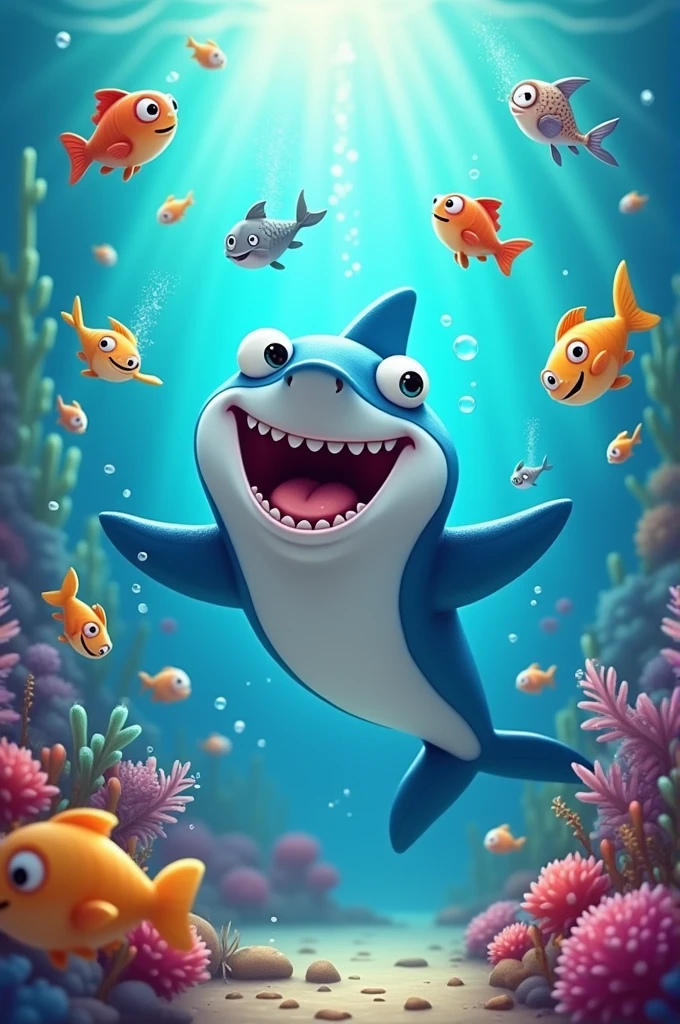 A funy shark playing and enjoying with other fishes