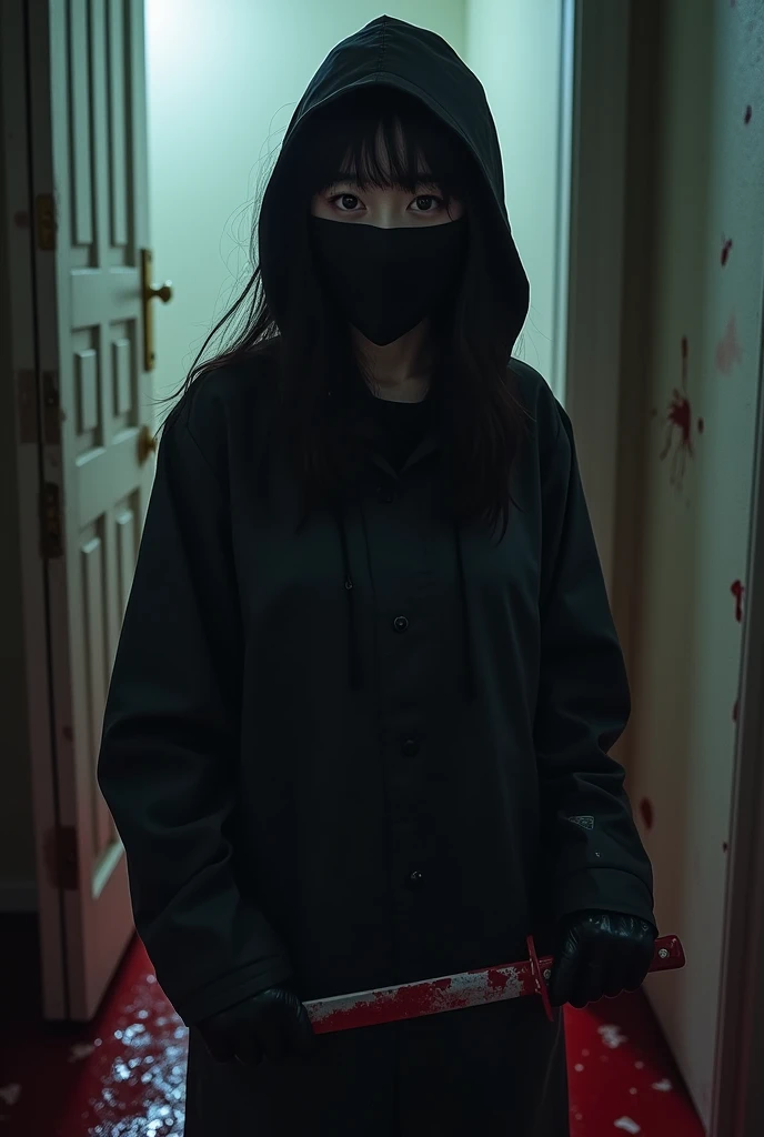 2korean girl, (holding knife, black balaclava mask), stabbing, black leather gloves, entrance of the house, black raincoat, girl only, bloody knife, leather gloves, looking at viewer, blood splatter, night, mass murderer, killer, blood splatter, bloody room