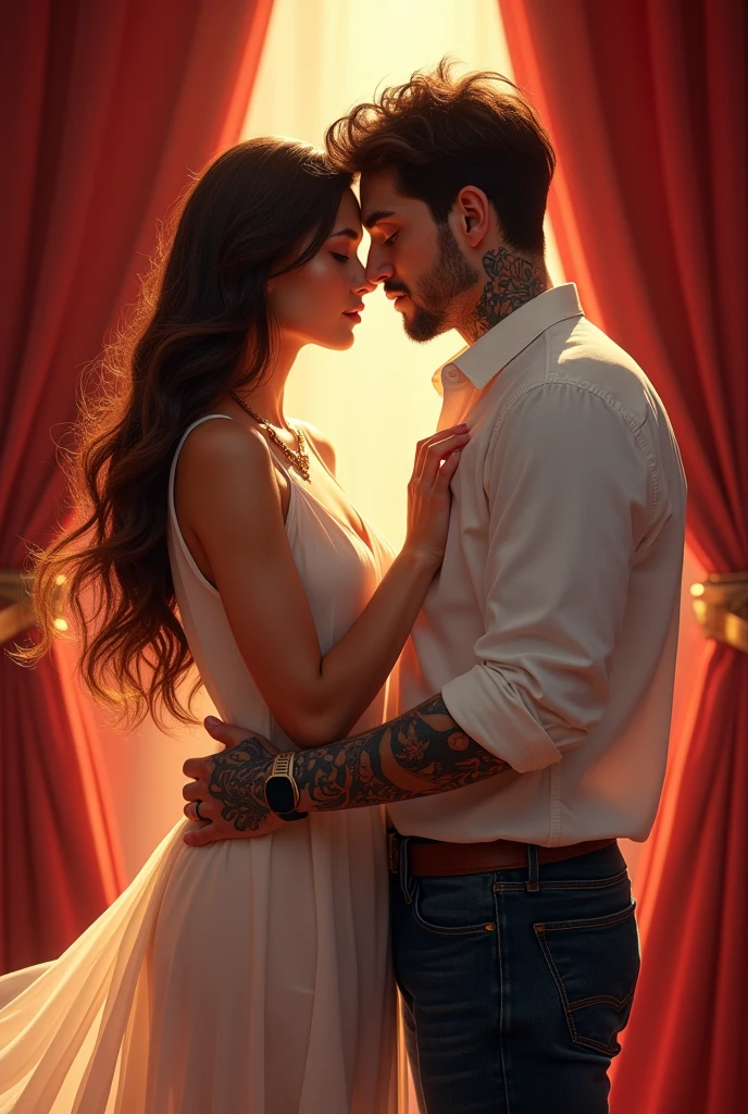 Create a romantic book cover with the title Melodia do Destino in Portuguese on a stage in the center a woman of 1,58cm her hair is long and wavy down to her hips, americana. She is wearing a delicate dress and a Korean man,79cm with his left arm covered in tattoos he is wearing a white button-down shirt rolled up to the elbow