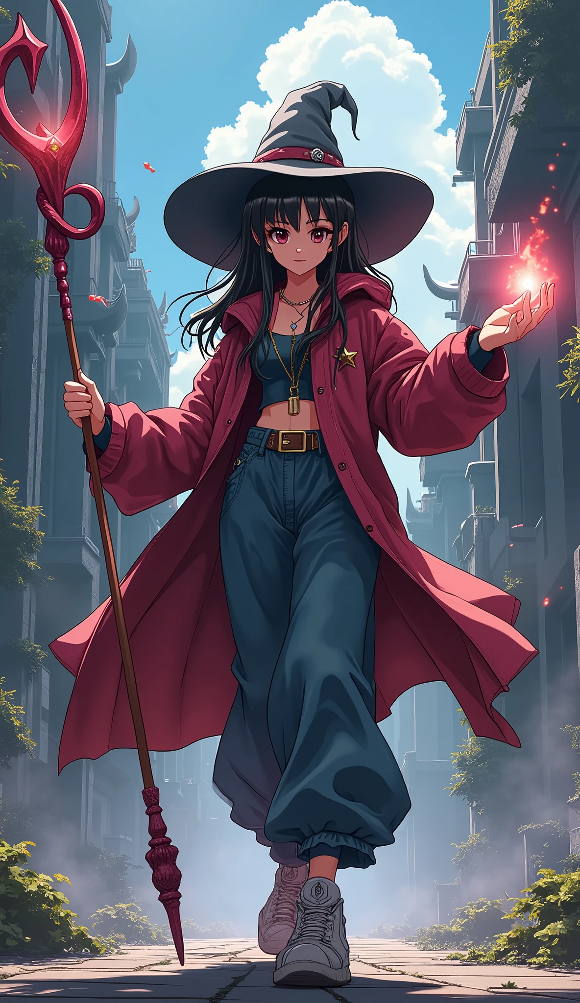 anime, cartoon, animation, 1990s fantasy , 1 dynamic wizard female, 90s streetstyle hiphop fashion, baggy thick edgy loose clothing, with staff, Melbourne shuffle  shuffling footwork , expressive pose, urban fantasy castle ground environment, cinematic lighting,, extremely detailed, photorealistic, 8k, film grain, dynamic composition, high quality, masterpiece