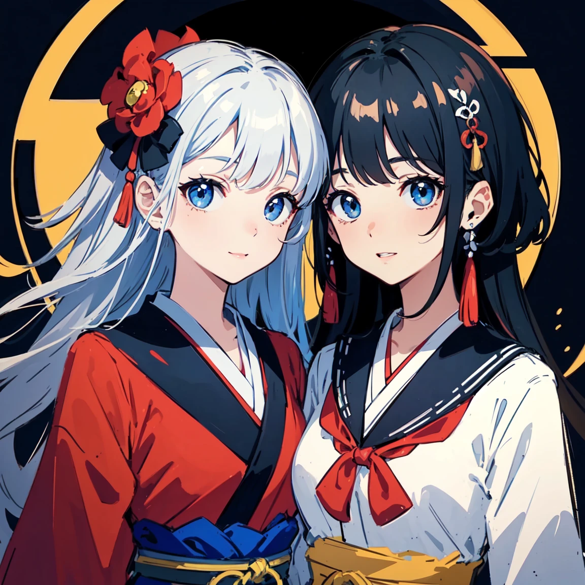 (Highest quality, sketch:1.2),Illustrator,uniform、school uniform、Haori、 masterpiece, Style: Taisho Retro、outside、Mandala、 Classic, Dark Black、Silver Hair、beautiful、Japanese style、Japan、I'm in the room、smile, good look modern、Taisho Romance、romantic、Interesting、emotion、Emotional