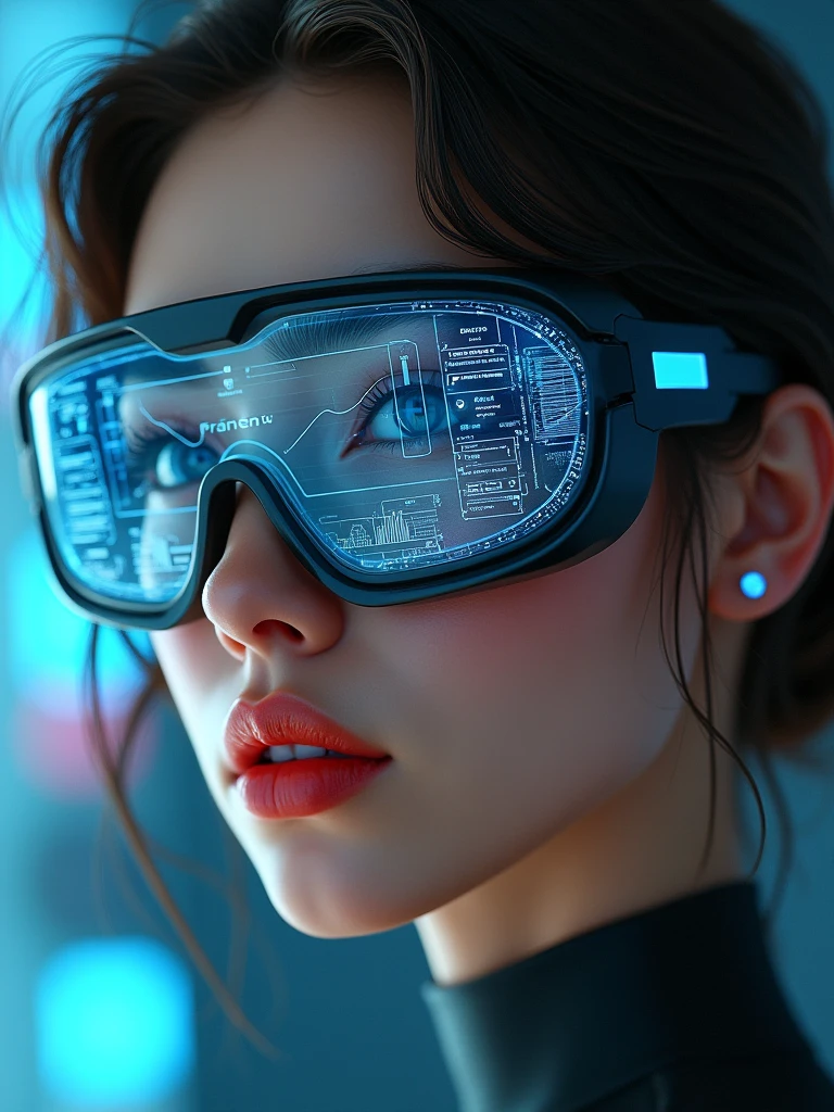 A beautiful woman with attention to detail, wearing (futuristic cyber glasses) with displayed data, (((text: "PIVARTS"))), | standing and looking at the camera, with a close-up of her detailed face and shiny lips, in a realistic art style with a cinematic experience, high resolution and 3D effect. ((More detail, enhanced, poakl)).