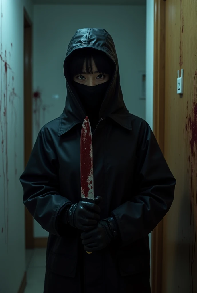 multiple korean girl, (holding knife, black balaclava mask), stabbing, black leather gloves, entrance of the house, black raincoat, girl only, bloody knife, leather gloves, looking at viewer, blood splatter, night, mass murderer, killer, blood splatter, bloody room