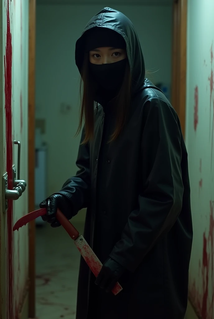 multiple korean girl, (holding knife, black balaclava mask), stabbing, black leather gloves, entrance of the house, black raincoat, girl only, bloody knife, leather gloves, looking at viewer, blood splatter, night, mass murderer, killer, blood splatter, bloody room