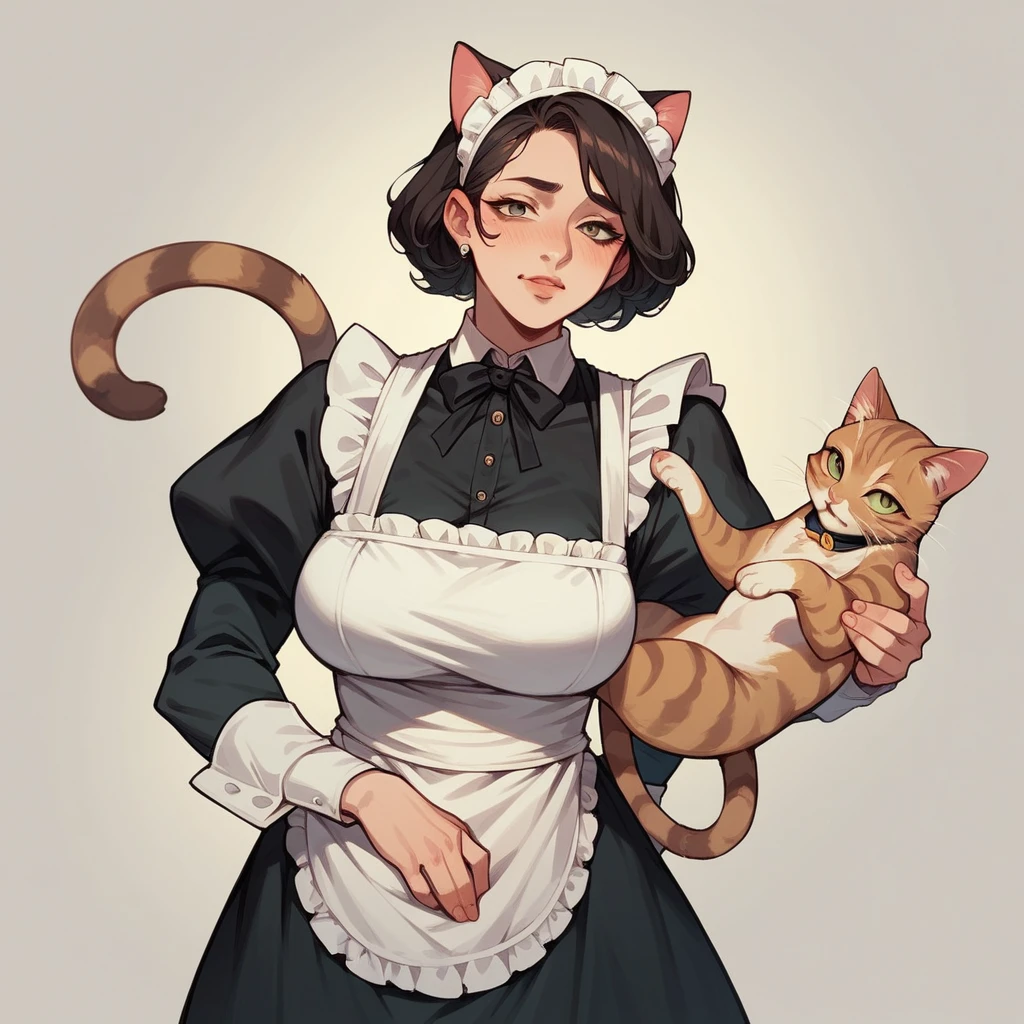a cat MILF in a maid outfit carrying platters of tacos