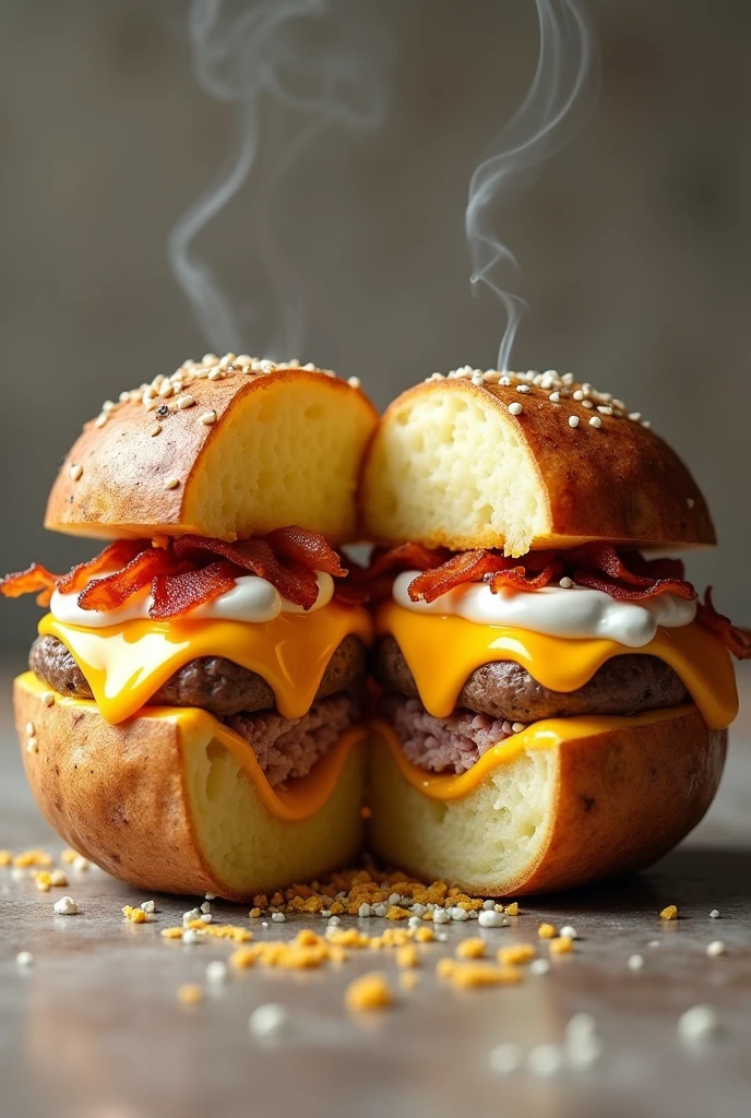 I created an image of a baked potato in the shape of a hamburger, It must be cut in half and the filling inside must have a lot of cheese., white sauce, bacon and the ribs must be shredded, and there is no hamburger inside the potato dough.
