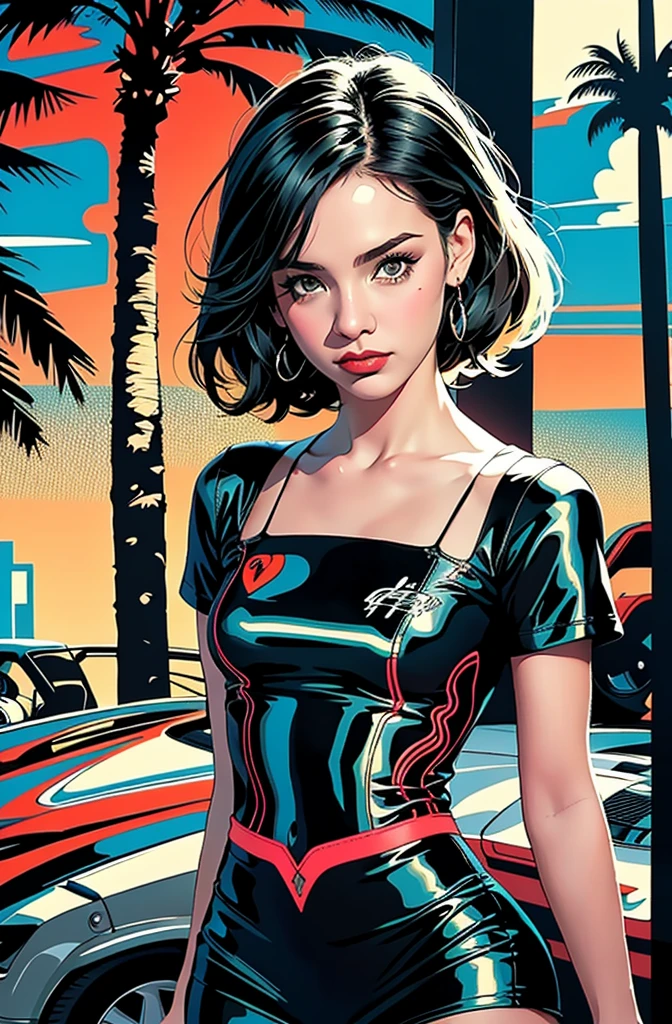 retro girl, Miami, sunset, Ferrari, palm tree, 90's, (flat colors, flat texture, lineart:1.2), graphical design, (heavy ink, ink blacks),