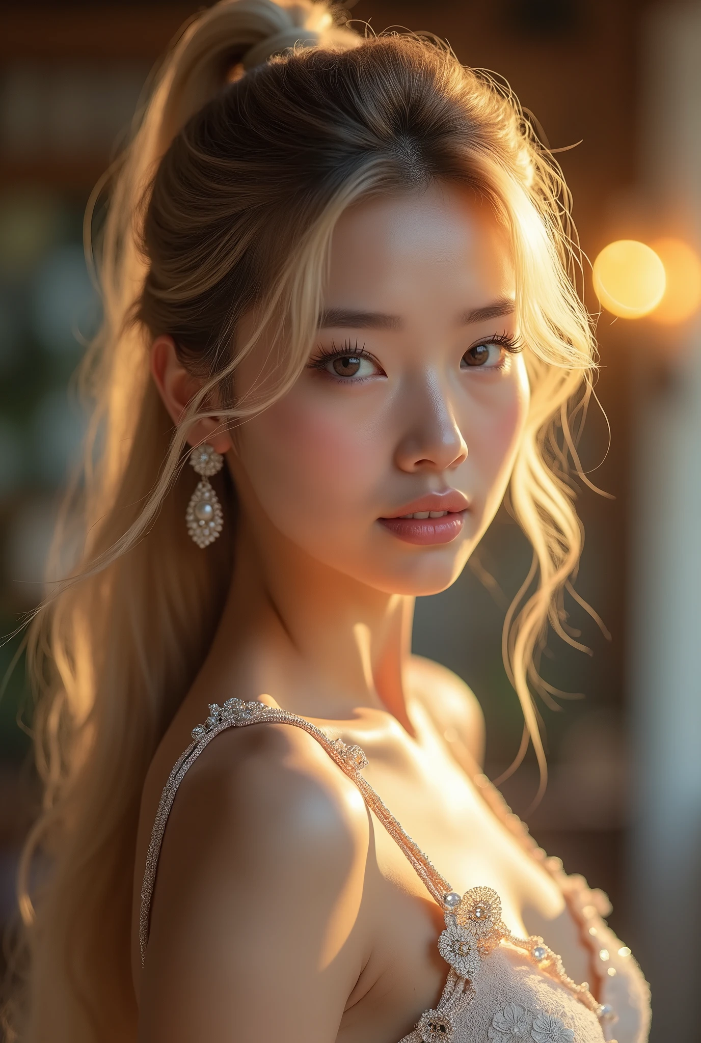 best quality, masterpiece, highres, 1 girl, 1, Eurasian girl, long blonde hair in a ponytail, jewelry, Beautiful face, photo-realistic, studio lighting, (high detailed skin:1.2), 16k uhd, dslr, soft lighting, high quality, volumetric lighting, candid, Photograph, high resolution, 16k, Bokeh, medium breasts,