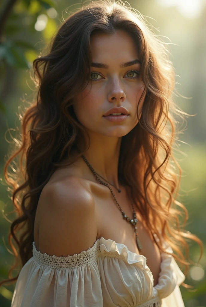 Beautiful girl with wavy long hair, bohemian dress, 