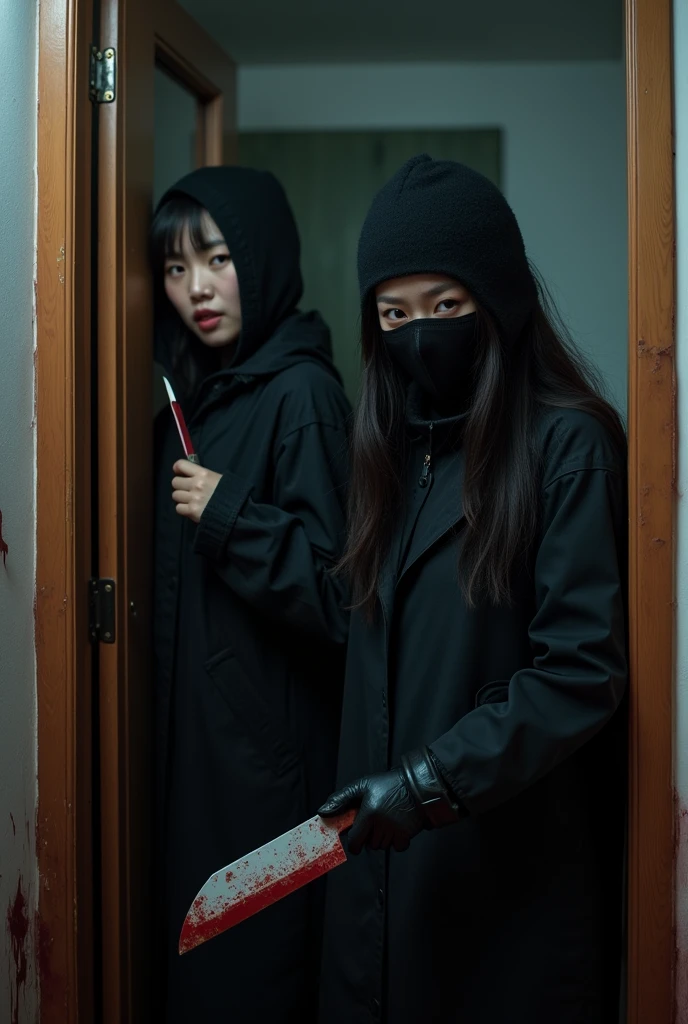 2 korean girls, (holding knife, black balaclava mask), stabbing, black leather gloves, entrance of the house, black raincoat, girl only, bloody knife, leather gloves, looking at viewer, blood splatter, night, mass murderer, killer, blood splatter, bloody room