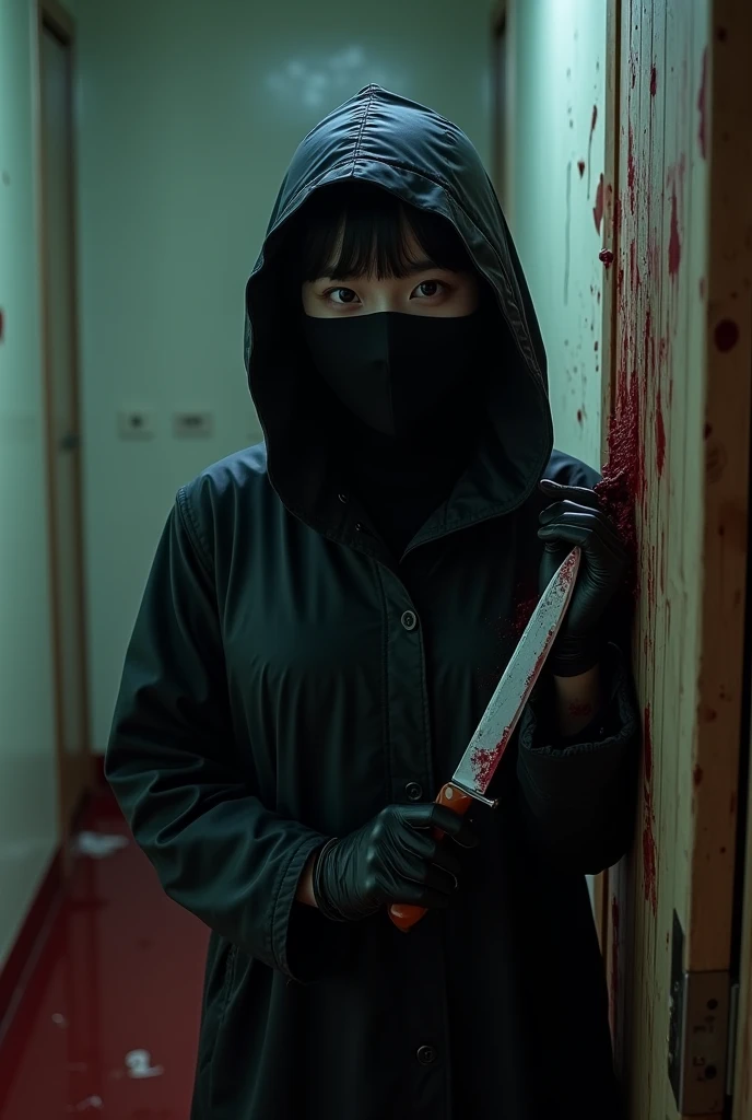 2 korean girls, (holding knife, black balaclava mask), stabbing, black leather gloves, entrance of the house, black raincoat, girl only, bloody knife, leather gloves, looking at viewer, blood splatter, night, mass murderer, killer, blood splatter, bloody room
