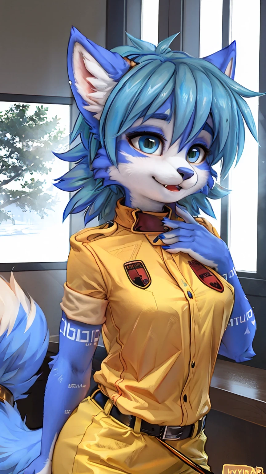 A beautiful and detailed (cute portrait) wa ((krystal)), Star Fox krystal, sslim, lovable, green eyes, medium breasts, (((Long blue hair 1.3))), Decollete, anthro, furry, Uploaded E621, detailed fluffy fur, (wa Fluff-Kevlar, Bayard Wu, Pino Daeni), detailed face, (fluffy), 1 girl, alone, sweet girl, uniform 